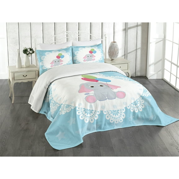 Ambesonne Animal Cartoon Quilted Bedspread Set 3 Pcs, Balloons Stars, King Size, Multicolor