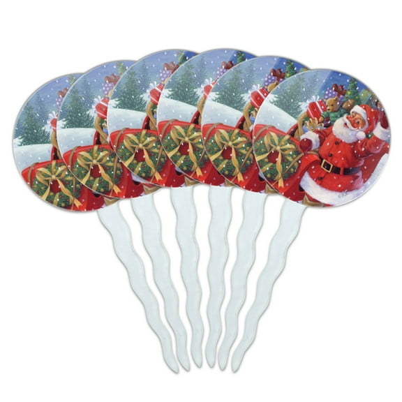 Christmas Holiday Santa Sleigh Ready to Go Cupcake Picks Toppers Decoration Set of 6