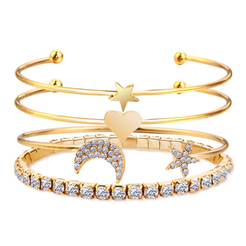 4PCS/Set Cuff Opening Crystal Star Bangle Heart Bracelet Women Wristband Jewe IY 