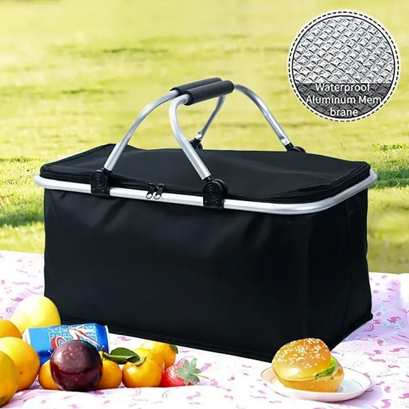 Insulated Picnic Basket Cooler Bag - 2 Packs Large Portable Shopping Bag with Lid, 35L Collapsible Insulated Cooler Bag with Zipper for Picnic, Travel, Camping, Outdoor (Black)