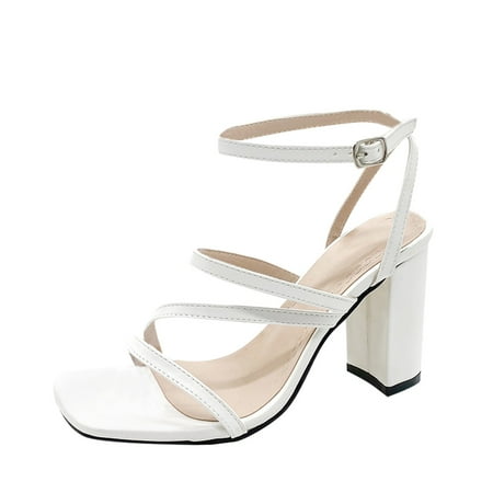 HSMQHJWE Strappy High Heels 4 Inch Wedge Sandals Women s Ankle Strap High Heels Open Toe Pump Heeled Sandals Shoes White 10)