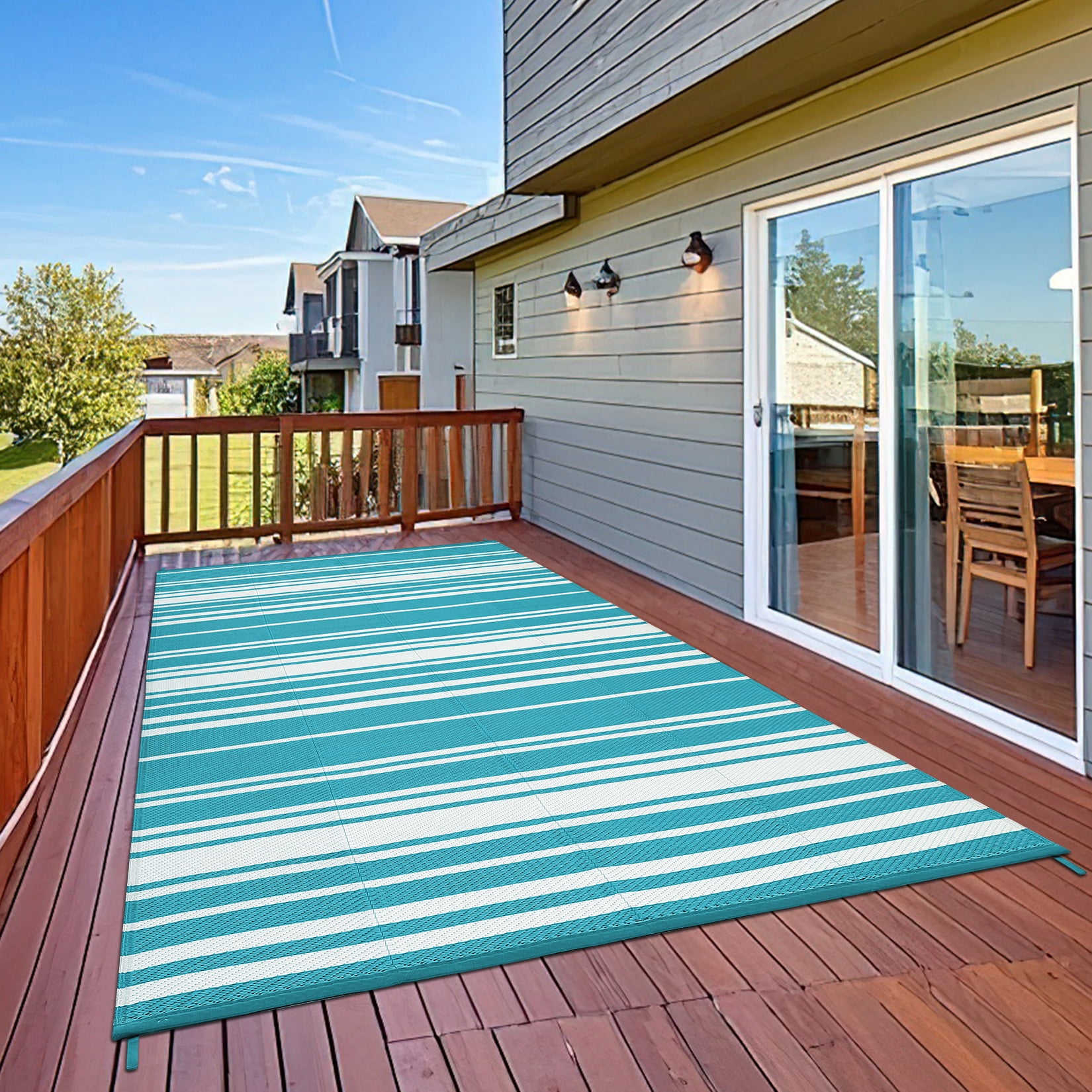 FairOnly 9'x12'Reversible Mondern Geometric Outdoor Area Rug Waterproof for RV Trip Beach Picnic,Light Blue