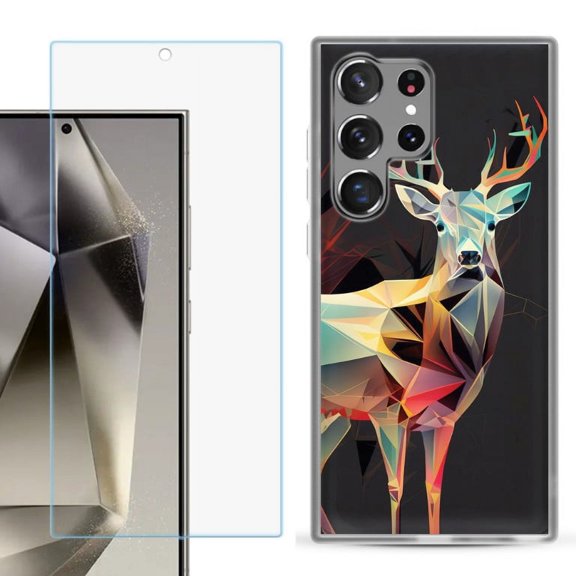 OneToughShield ® Compatible with Samsung Galaxy S24 Ultra, Shockproof Phone Case, with Tempered Glass Screen Protector - Geometric Deer