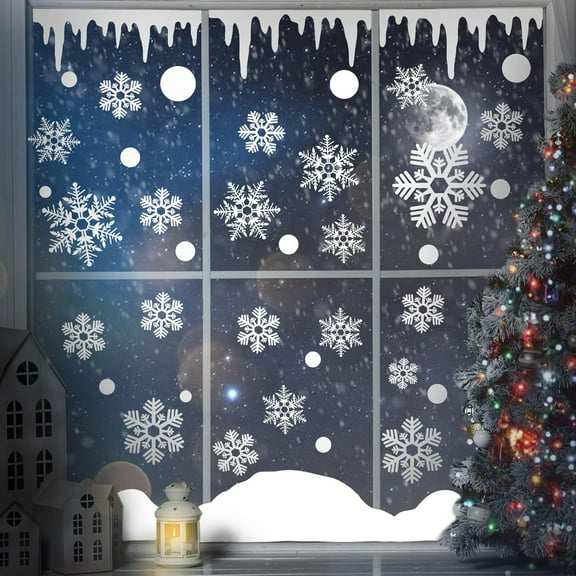 118 Pcs Christmas White Snowflakes Window Clings for Glass Window, Snowdrift Snowball Icicle Window Stickers Set Double Sided Christmas Window Stickers Decals for Holiday Frozen Theme Party