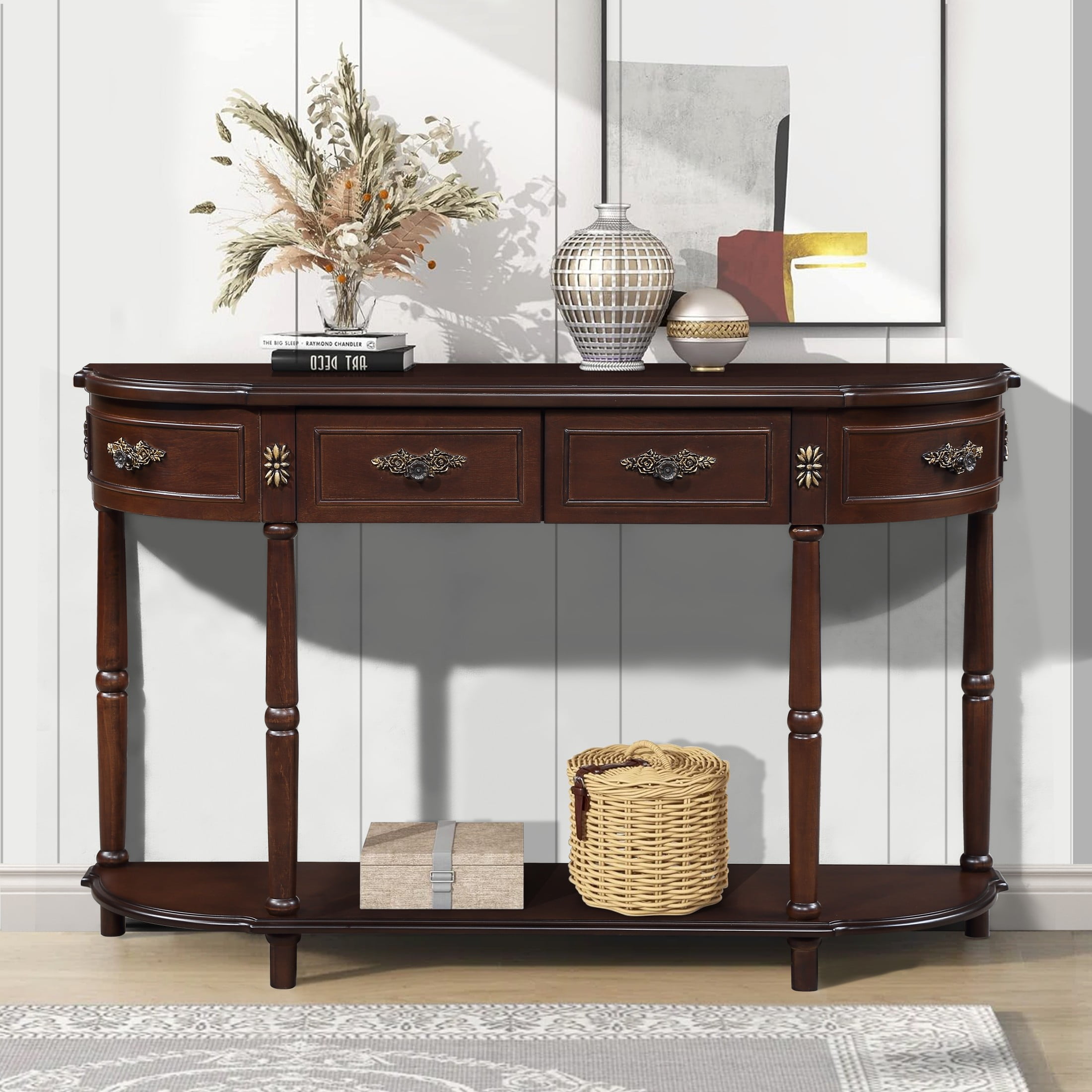 Aukfa Console Table, 52" Retro Half Moon Sofa Table with 2 Drawers and Shelf for Living Room/Hallway, Espresso