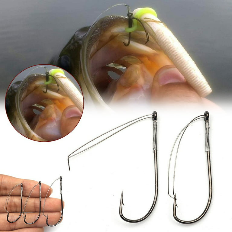 10pcs/box Weedless Barbed Fishing Hook Bass Single Worm Hook Lure Bait  Holder 