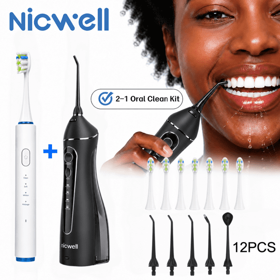 NICWELL 2-in-1 Oral Care Kit, Cordless Water Flosser and Sonic Electric Toothbrush Combo, Rechargeable Dental Cleaning System with 4 Jet Tips, 4 Brush Heads for Home & Travel