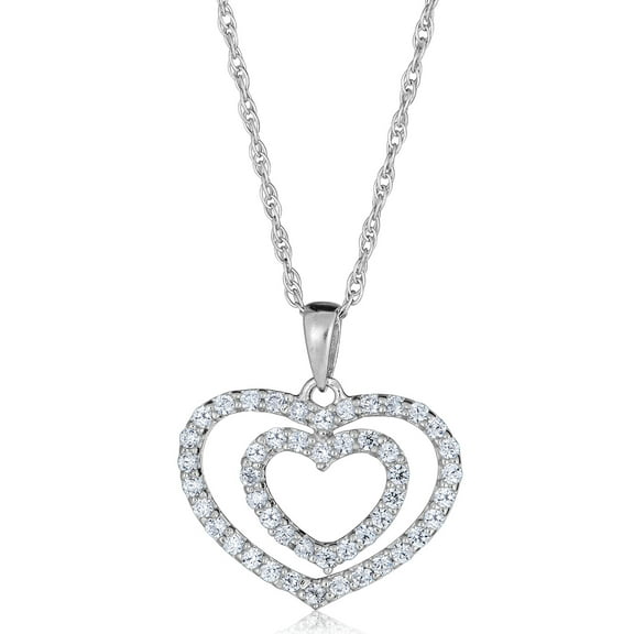 AVORA 10K White Gold Simulated Diamond CZ Double Open Heart Pendant Necklace with 18" Chain