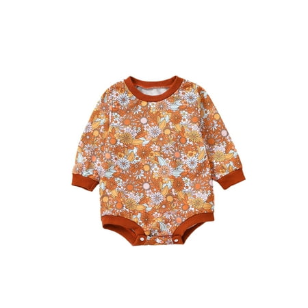 

Amuver Newborn Baby Girls Fall Romper Casual Long Sleeve Round Neck Floral Print Bodysuit