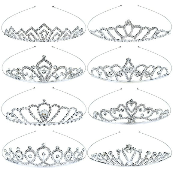 8 Pack Silver Metal Sparkly Glitter Rhinestone Crown Headbands Wedding Prom Birthday Party Princess Hair Tiaras Clasps Accessories for Kids Girls Teens Women Brides