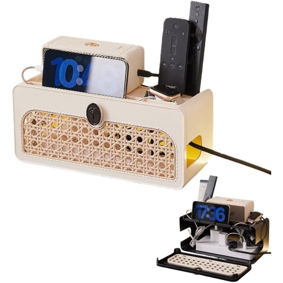 Cable Management Box Desk Wire Storage Box Rattan Hide Power Strip Organizer for Computer, USB Hub