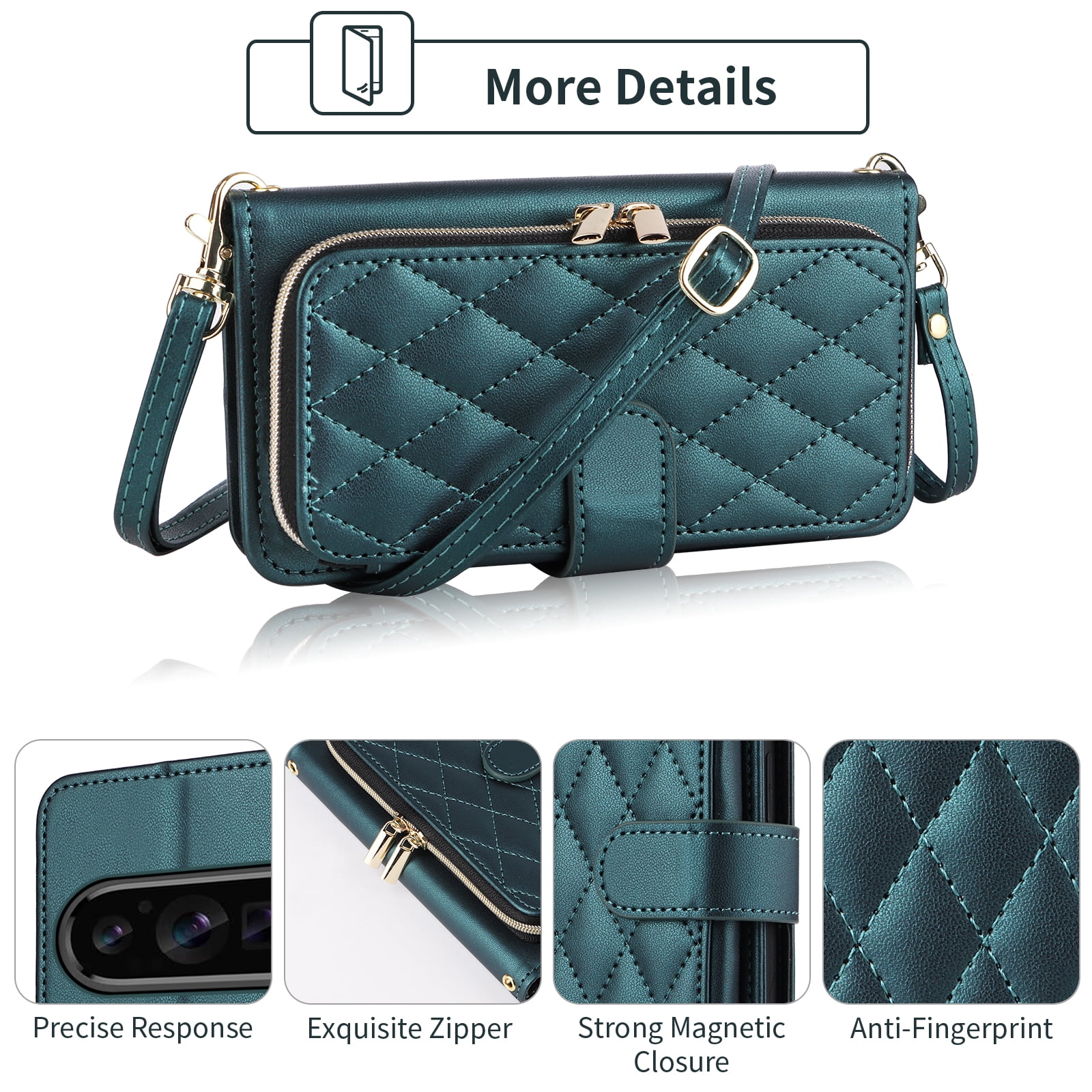 Furiet Argyle Wallet Case for Google Pixel 9 Pro XL with Wrist/Shoulder Strap, Card Slot Zipper Purse Luxury PU Leather Card Holder Stand Checkered Phone Cover for Pixel9 9Pro 9ProXL Nine Green
