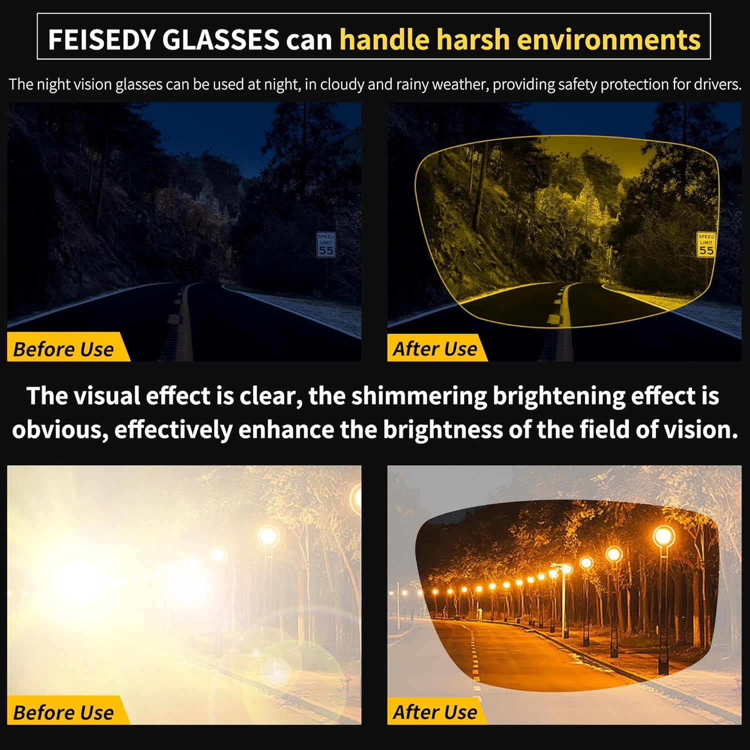 FEISEDY Men Women Night Driving Glasses Fit over Glasses Anti-Glare Polarized Wrap Yellow Sunglasses Over Glasses B2593
