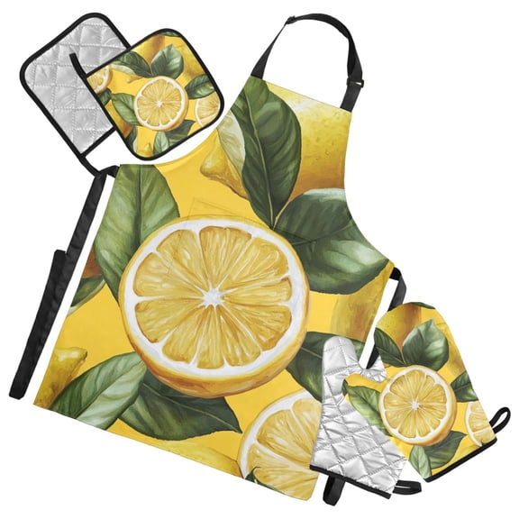 Fresh Lemons Green Leaves Painting Apron Set with Oven Mitts Pot Holders Set of 5 Kitchen Stuff Accessories