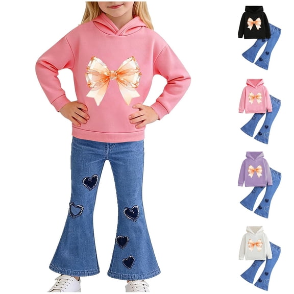 SGFCWSX Girls 2-Piece Outfit, Bow Print Hoodie and Heart Flared Denim Jeans, Daily Trendy Casual Clothing Set for Kids Pink Size 6-7 Years
