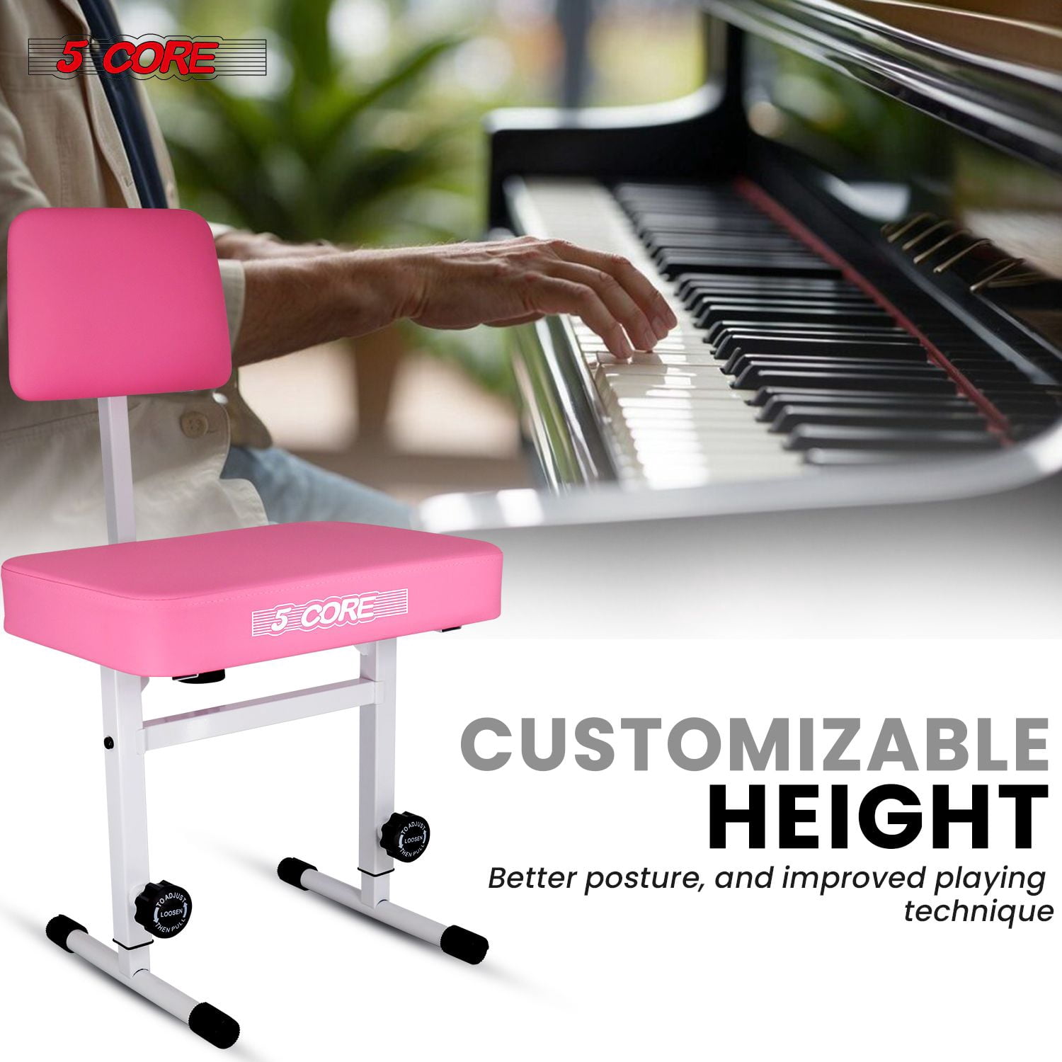 Heavy-Duty Adjustable Piano Bench with Thick Padded Seat & Backrest – 445lb Capacity, Non-Slip Base for Keyboard, Adults & Kids