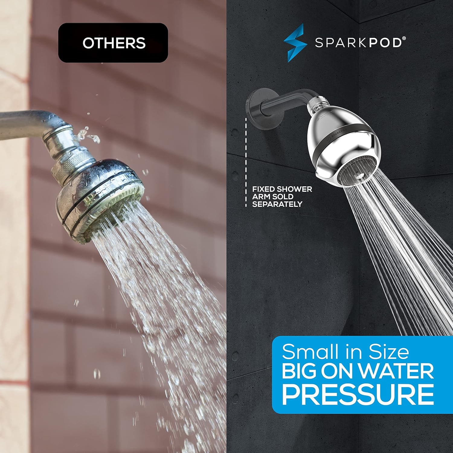 SparkPod High Pressure Shower Head, Rain, Massage & Pulsating Modes, Wall Mount Showerhead (Polished Chrome)