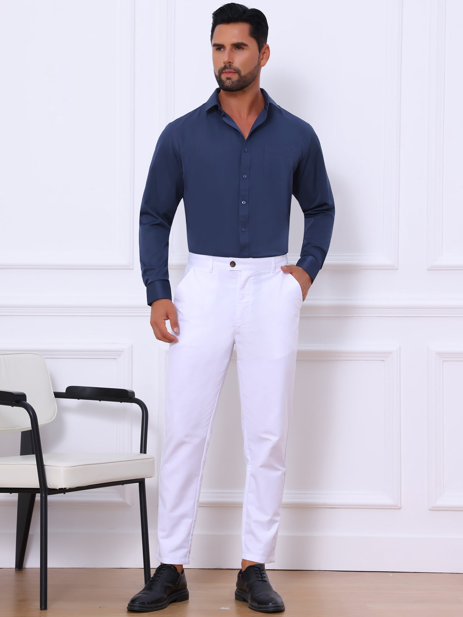 DARING DIVA Men's Point Collar Button Long Sleeve Business Shirts M Dark Blue