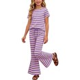 thumbnail image 5 of Babcutegg Striped Short Sleeve Round Neck T-Shirt and Flared Pant Two-Piece Set – Lightweight Summer Casual Outfit for Girls Purple Size 3T, 5 of 8
