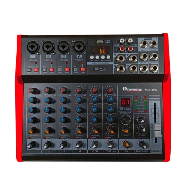 Mezcladora Amplificada SOUNDTRACK MIX-8PC 8 Canales 150W x2 Phantom Power +48V
