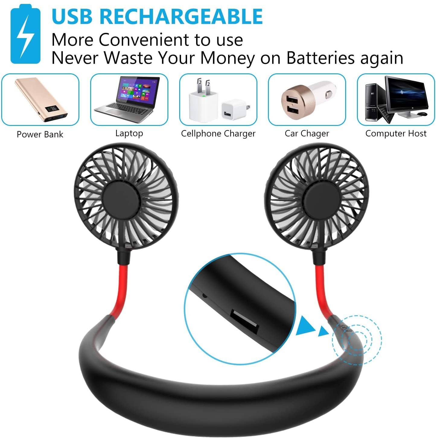 180°Free Adjustment Folding Cooling Desk Fan for Travel,Sports Outdoor and Office SAYTAY Portable Mini USB Fan Handsfree Necklace Personal USB Fan with 3 Level Speed Rechargeable Battery Black