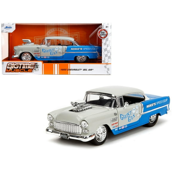 1955 Chevrolet Bel Air "Ghost Gas - Mike's Speed Equip" Light Gray and Blue "Bigtime Muscle" Series 1/24 Diecast Model Car by Jada