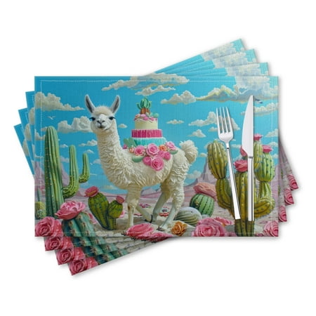 

BaHomeck placemats Set of 4 rectangle Linen Cotton Placemats for Dining Table Washable Heat Resistant 18*12inch Cute Teal Background With Colorful Cacti And Llamas