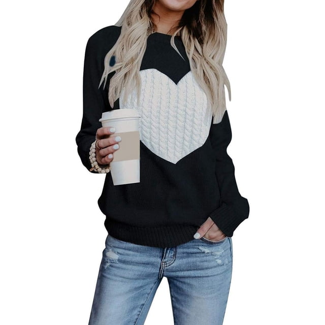 Suéteres para mujer, suéter de punto con cuello redondo y manga larga con forma de corazón en la parte delantera