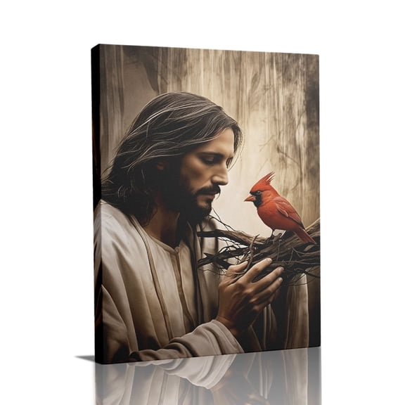 “Jesus & Red Cardinal” Faith Canvas Wall Art Ready to Hang for Living Room and Bedroom