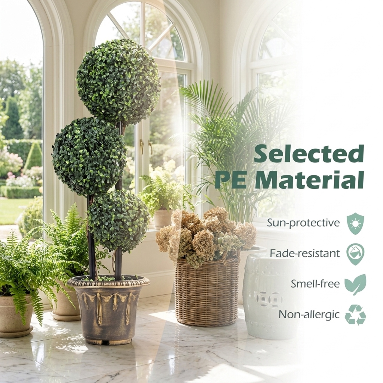 Vebreda Artificial Plant Decor, 2.5/3 FT Artificial Boxwood Topiary Tree Triple Ball Shrubs, Triple Ball Display, No-Care Daily Beauty