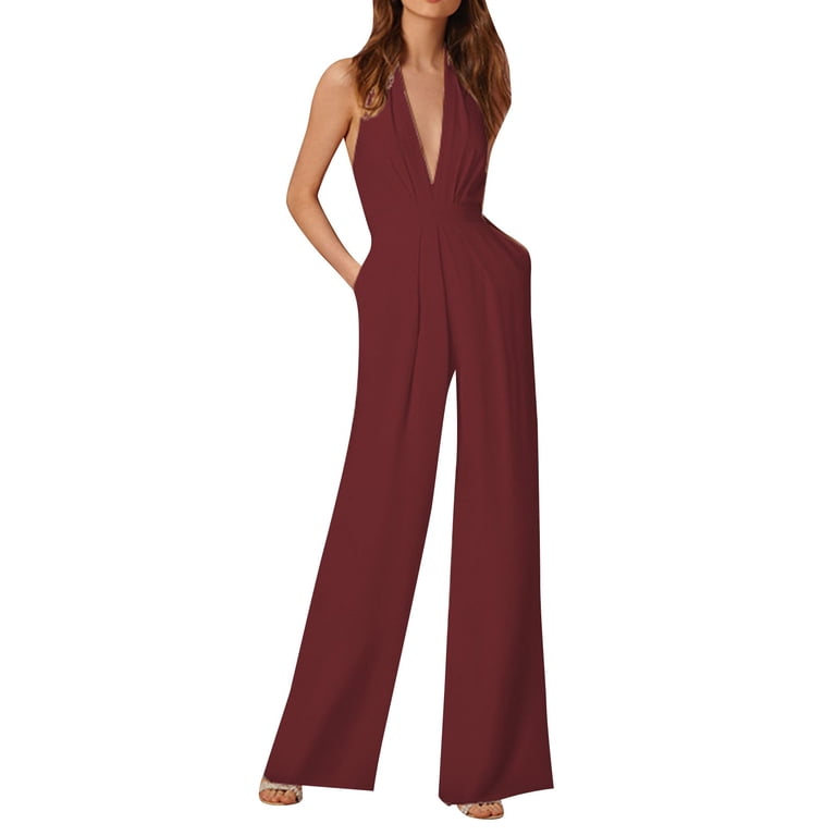 AWXNJUX Jumpers for Women Casual Solid Color Jumpsuit Straight