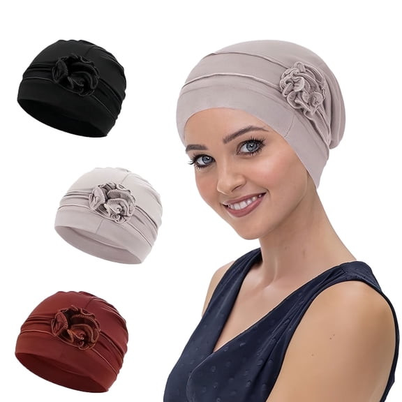 RYLZX 3 Pcs Chemo Headwear Turbans Cap Beanie Hat Head Wraps Hair Coverings for Women Sleep Cap Chemo Cancer Hat with Flower Design (3 Colors)