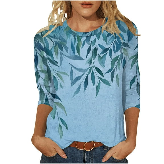 Ruimatai Women's Casual Printed 3/4 Sleeve Tops Round Neck Loose Fit Blouse Top Comfortable Fashion Tee Imitation Rack