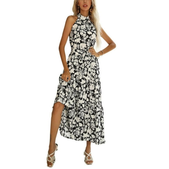 TJAZFJPA Black Wrap Dress Hanging Neck Sleeveless Slit Print Sexy Dress Women Summer Sweatshirt Dress Sexy Dresses