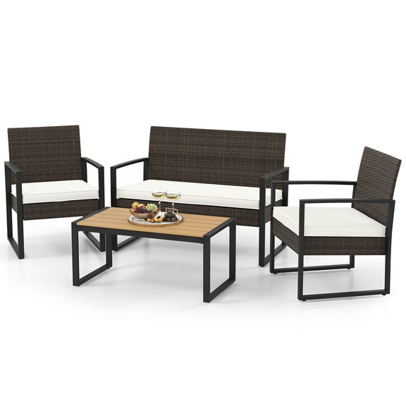 Gymax 4 Pieces Patio Furniture Set PE Rattan Porch Chairs w/ Loveseat & Coffee Table