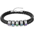 thumbnail image 5 of YUPPOLKR Custom Name Leather Bracelet for Men Personalized Birthstone Bracelet Black Braid Leather Bracelets with 1-9 Names Engraved Customized Gifts for Dad Father Boyfriend, 5 of 7