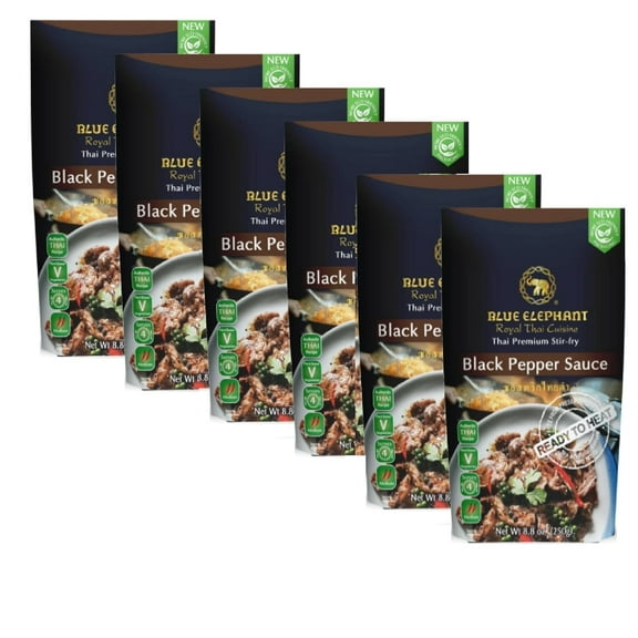 (6 pack) Blue Elephant Royal Thai Cuisine Black Pepper Sauce 8.8oz Ready to Heat