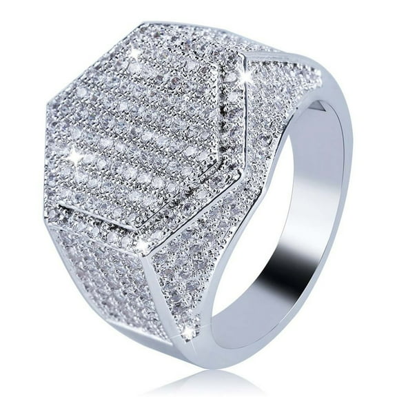 Sparkly Punky Rapper Luxury Trendy Hexagon Rings for Men Cool Iced out Hip Hop Cubic Zirconia Domineering Men Rings