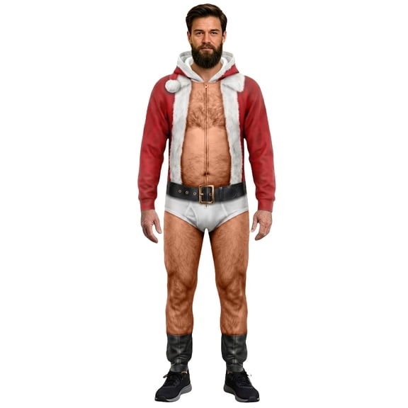 OJSFQUFP Mens 3D Halloween Adult Hairy Man Jumpsuit For Parties Hooded Zip Up With Realistic Body Hair Print For Christmas Oktoberfest Pajama Nights