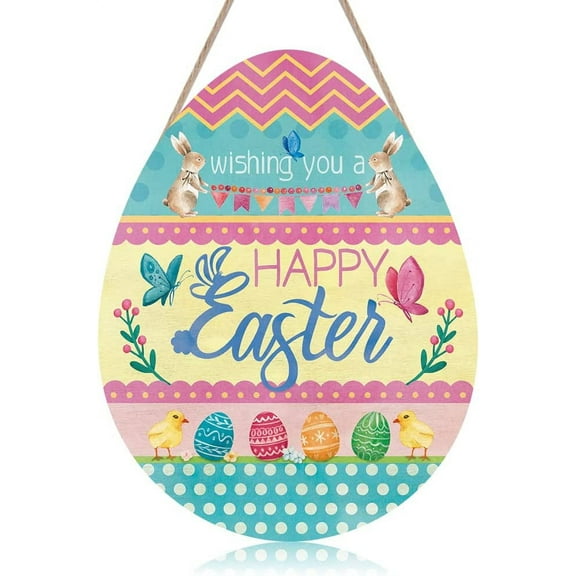 Colorful Happy Easter Door Sign Plaque(9.1''x11.8''), Easter Egg Rabbit Wooden Home Decor, Easter Outdoor Bunny Wall Sign Hanging for Easter Gifts