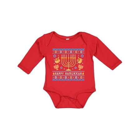 

Inktastic Happy Hanukkah Sweater Style Design with Menorah and Dreidel Gift Baby Boy or Baby Girl Long Sleeve Bodysuit
