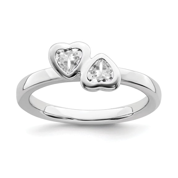 925 Sterling Silver Stackable Expressions White Topaz Double Heart Ring S:7