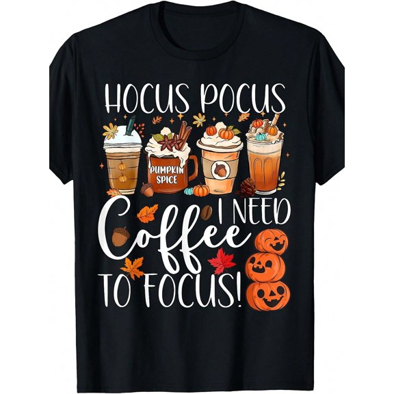 Cute I Need Coffee To Focus Fall Pumpkin Teacher TShirtRetro Casual Crew Neck Printed T-Shirt