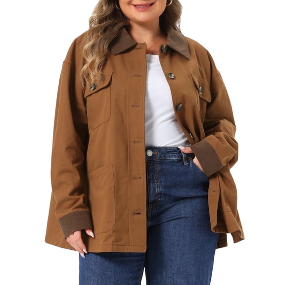 Agnes Orinda Women's Plus Size Barn Jacket Utility Shacket Corduroy Collar Cuffs Long Sleeve Button Down Casual Cargo Coat with Pocket 1X Brown