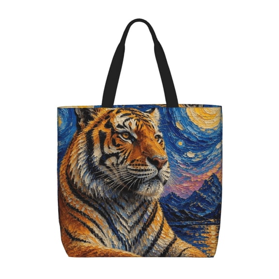 Midnight Impressionist Tiger Decor Tote Bag Reusable Shoulder Handbag Top Handle Purse for Shopping Work