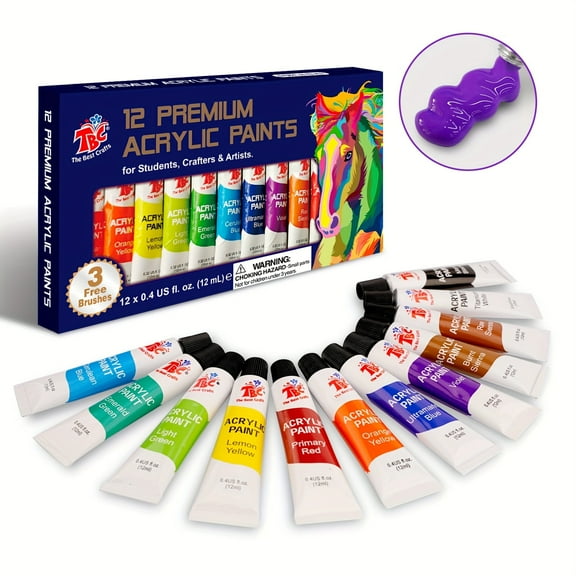 TBC The Best Crafts 12-Count Acrylic Paint Set, 0.4fl.oz/12ml Bottles, Non-Toxic & Vibrant