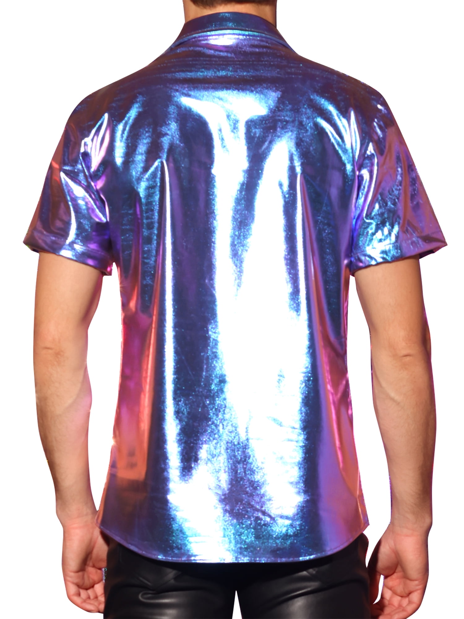 INSPIRE CHIC Holographic Shirts for Men's Crew Neck Short Sleeves Metallic Tops