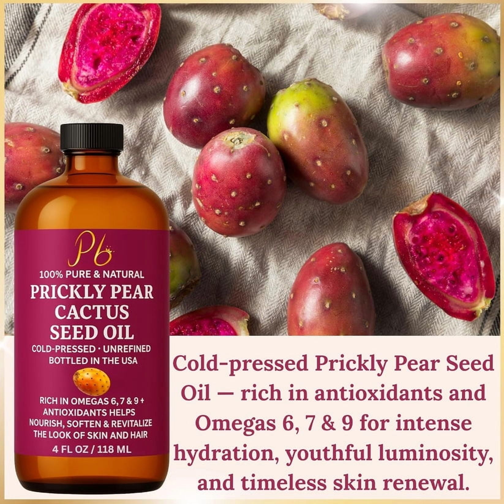 Pomberries Prickly Pear Seed Oil 4 fl oz | 100% Pure Cold-Pressed & Unrefined Prickly Pear Oil for Face, Skin & Hair – Lightweight, Radiance-Enhancing Oil in Glass Bottle