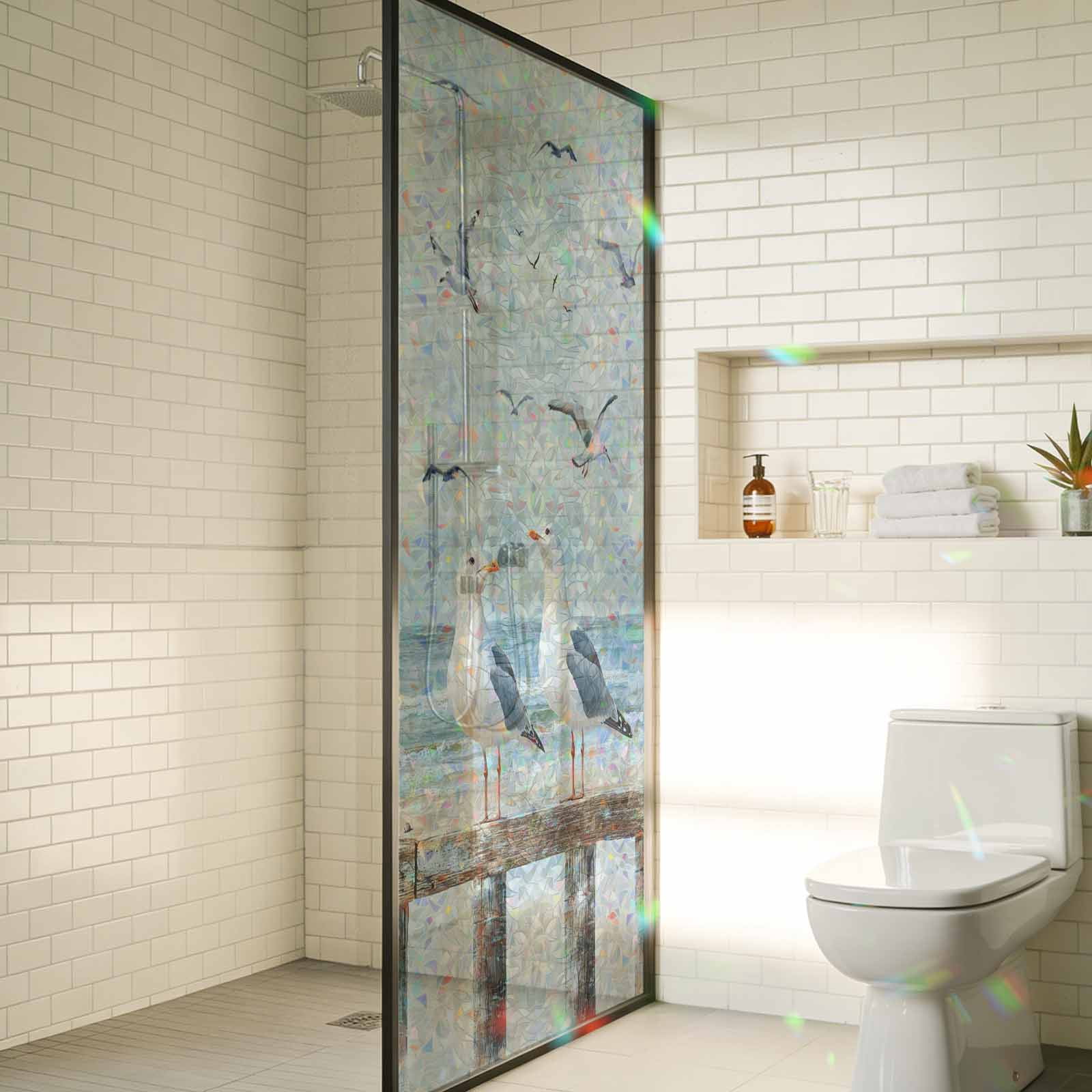 Rainbow Window Privacy Film, Coastal Seagull Static Cling Decorative Window Film PVC, Summer Beach Ocean Birds Retro No Glue UV Blocking Glass Covering, Removable Stained Glass Sticker 23.6''x59''