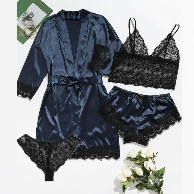 Lencería para Mujer Encaje Satén Sujetador Inalámbrico Camisola Pantalones Cortos Pijama Bata Conjunto De Cuatro Piezas Lencería Sexy Body Lencería De Talla Grande,Navy,M